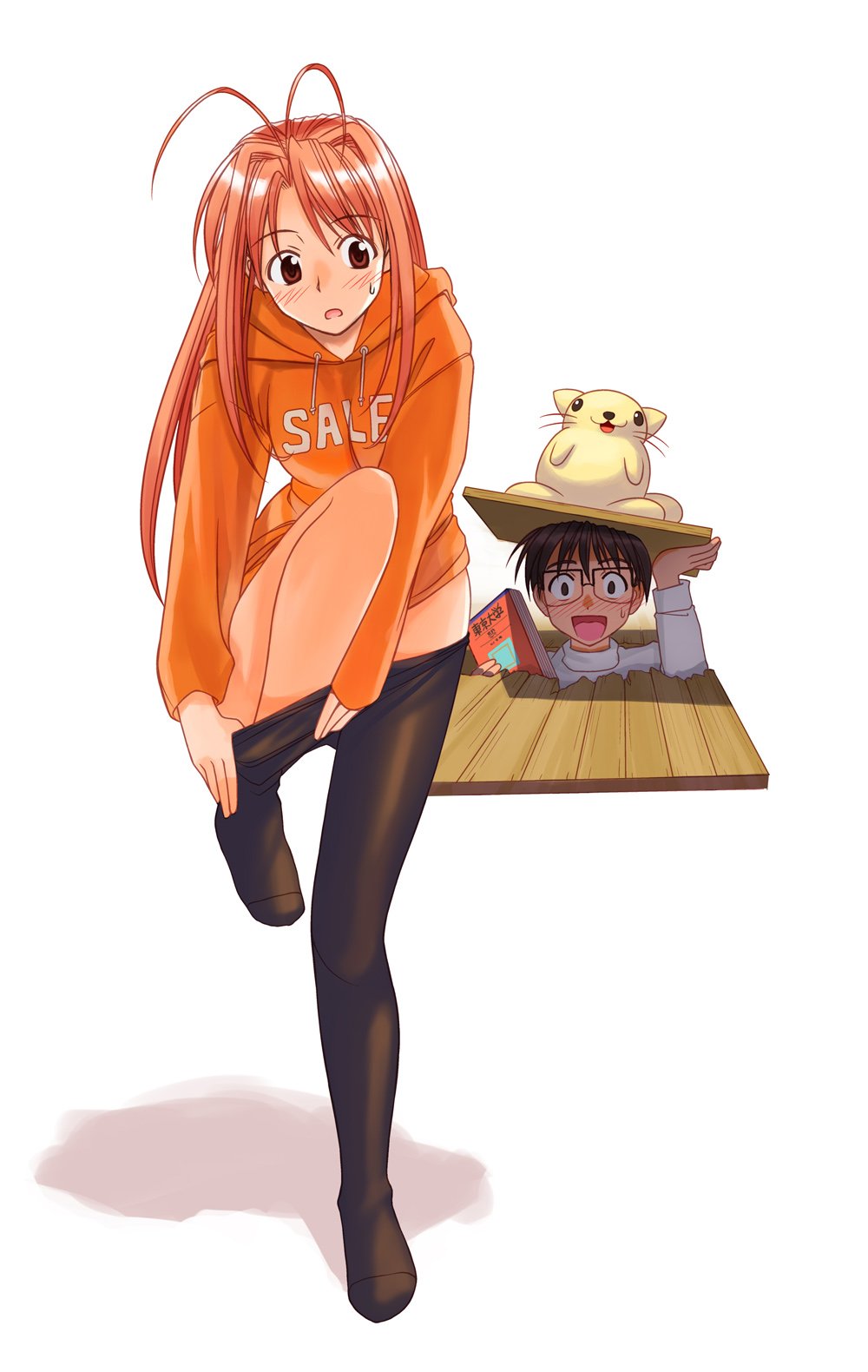 1boy, 1girl, :d, accidental_pervert, akamatsu_ken, antenna_hair, black_hair, black_pantyhose, blush, book, broken, brown_eyes, brown_hair, clothes_writing, commentary, drawstring, dressing, embarrassed, full_body, hair_over_shoulder, highres, holding, holding_book, hole, hole_in_floor, hood, hood_down, hoodie, knee_up, long_hair, long_sleeves, love_hina, narusegawa_naru, no_pants, official_art, open_mouth, orange_hoodie, pantyhose, shadow, simple_background, smile, standing, standing_on_one_leg, stuffed_animal, stuffed_toy, sweatdrop, sweater, trap_door, turtleneck, turtleneck_sweater, urashima_keitarou, white_background, white_sweater, wide-eyed, wooden_floor