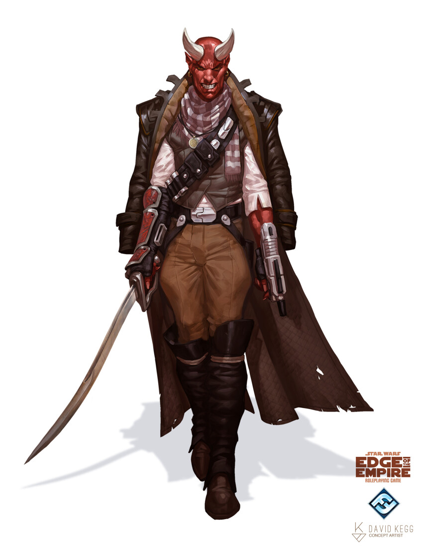 1boy, absurdres, alien, artist_logo, artist_name, bald, black_gloves, boots, brown_boots, brown_coat, brown_pants, brown_vest, clenched_teeth, coat, colored_skin, copyright_name, davidkegg, devaronian, dual_wielding, earrings, fingerless_gloves, full_body, gloves, gold_earrings, gun, highres, holding, holding_gun, holding_sword, holding_weapon, horns, jewelry, knee_boots, logo, long_coat, open_clothes, open_coat, pants, pirate_costume, red_skin, scarf, shadow, shirt, simple_background, single_vambrace, solo, star_wars, star_wars:_edge_of_the_empire, striped_clothes, striped_scarf, sword, teeth, vambraces, vest, weapon, white_background, white_horns, white_shirt