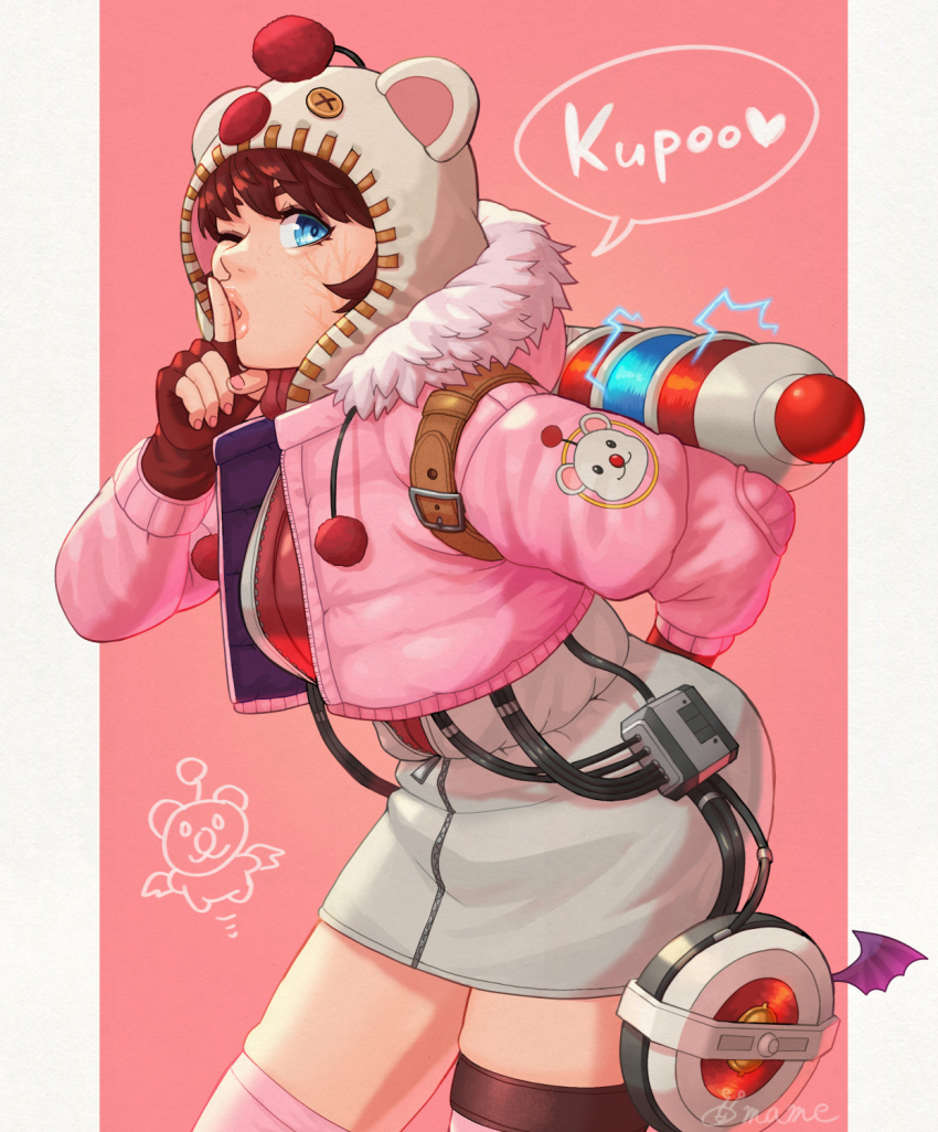 1girl, animification, apex_legends, artist_name, blue_eyes, breasts, brown_hair, cable, facial_scar, final_fantasy, final_fantasy_vii, final_fantasy_vii_rebirth, final_fantasy_vii_remake, finger_to_mouth, fur-trimmed_jacket, fur_trim, grey_hoodie, heart, highres, hood, hood_up, hoodie, jacket, kupo_power_wattson, leaning_forward, medium_breasts, mutturi_mamer18, official_alternate_costume, one_eye_closed, pink_jacket, pink_lips, pink_thighhighs, red_sweater, ribbed_sweater, scar, scar_on_cheek, scar_on_face, short_hair, shushing, skindentation, solo, speech_bubble, sweater, thighhighs, wattson_(apex_legends)