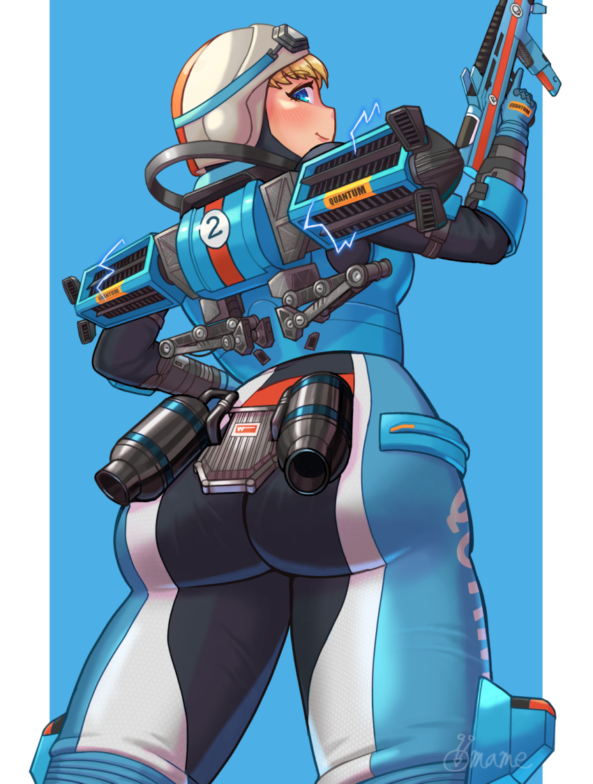 1girl, animification, apex_legends, artist_name, ass, assault_rifle, blue_background, blue_bodysuit