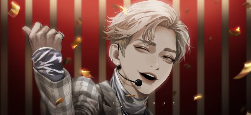 1boy, aegyo_sal, artist_name, blackbox_(blackbox9158), blonde_hair, bow, brown_eyes, commentary_request, confetti, grey_sleeves, headpiece, jacket, jewelry, joshua_(seventeen), k-pop, korean_commentary, layered_sleeves, long_sleeves, male_focus, music, one_eye_closed, open_clothes, open_jacket, open_mouth, plaid_clothes, plaid_jacket, plaid_sleeves, portrait, real_life, red_bow, red_lips, ring, seventeen_(group), shirt, short_hair, singing, sleeves_past_wrists, smile, solo, striped_background, teeth, thick_eyebrows, turtleneck, turtleneck_shirt, upper_teeth_only, white_shirt