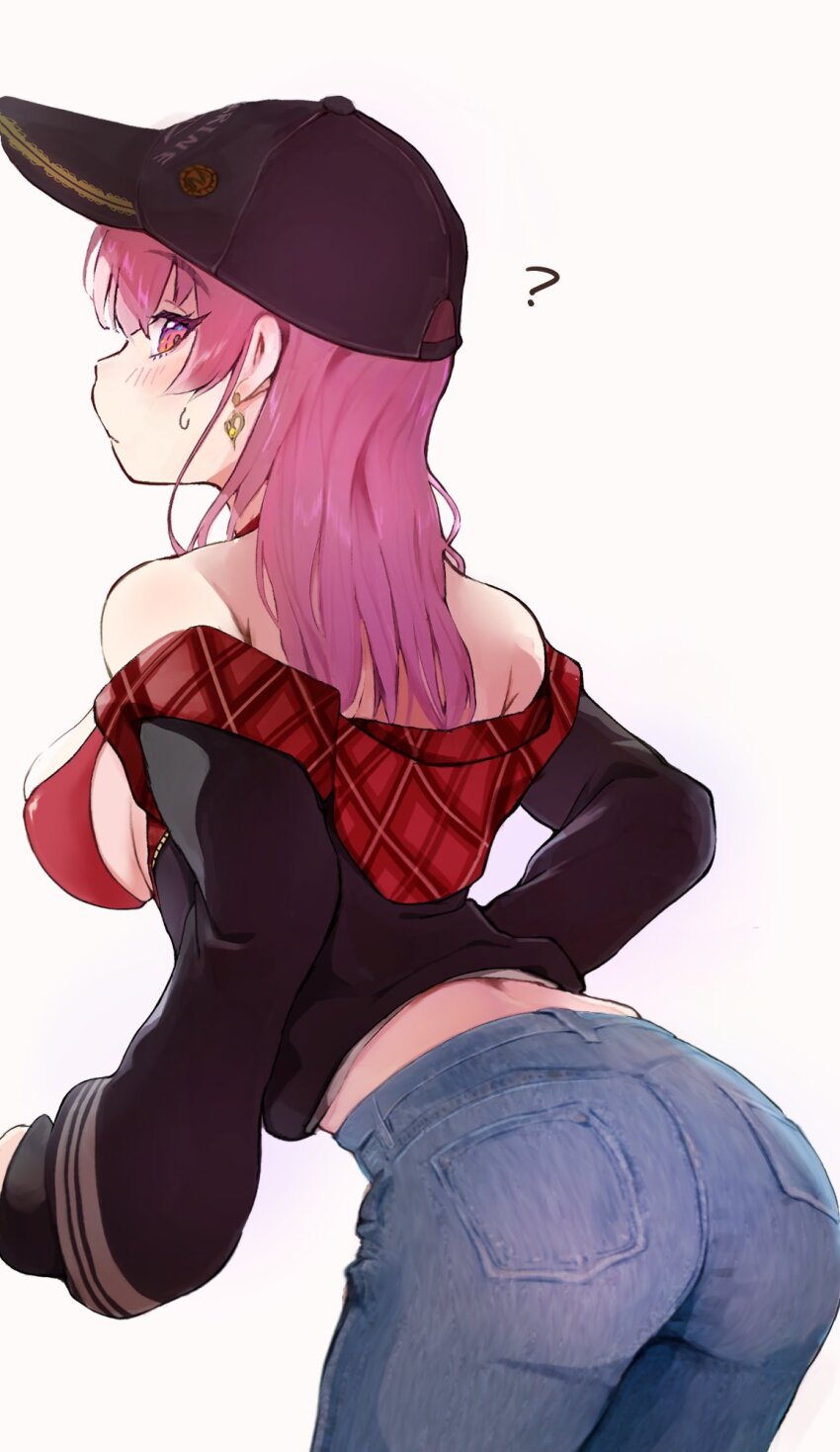 1girl, ?, arched_back, ass, baseball_cap, bikini, black_jacket, blue_pants, breasts, commentary, cowboy_shot, denim, earrings, from_behind, grey_background, halterneck, hat, heart, heart_earrings, highres, hololive, hood, hood_down, hooded_jacket, houshou_marine, houshou_marine_(summer), imazakey, jacket, jeans, jewelry, large_breasts, leaning_forward, long_hair, long_sleeves, looking_back, midriff_peek, off_shoulder, official_alternate_costume, official_alternate_hairstyle, pants, pocket, purple_eyes, purple_hair, red_bikini, red_hat, sideboob, simple_background, solo, sweatdrop, swimsuit, untranslatable_commentary, virtual_youtuber