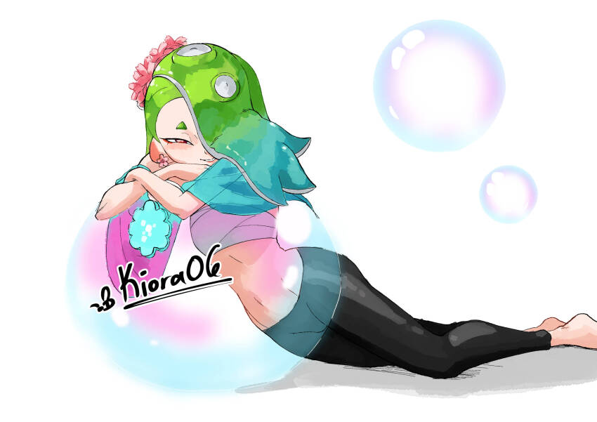 1girl, aqua_hair, black_pants, bubble, commentary, english_commentary, gradient_hair, green_hair