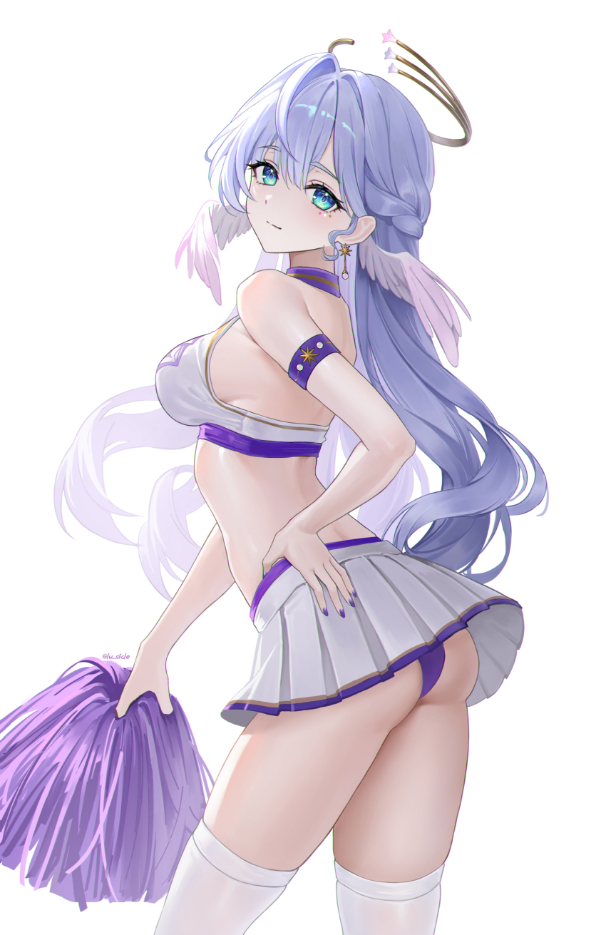 1girl, aqua_eyes, armband, ass, backless_outfit, bare_shoulders, blue_hair, breasts, commentary_request, cowboy_shot, crop_top, highres, honkai:_star_rail, honkai_(series), long_hair, looking_at_viewer, medium_breasts, midriff, robin_(honkai:_star_rail), sicle, simple_background, skirt, smile, solo, standing, thighhighs, thighs, very_long_hair, white_background, white_skirt, white_thighhighs