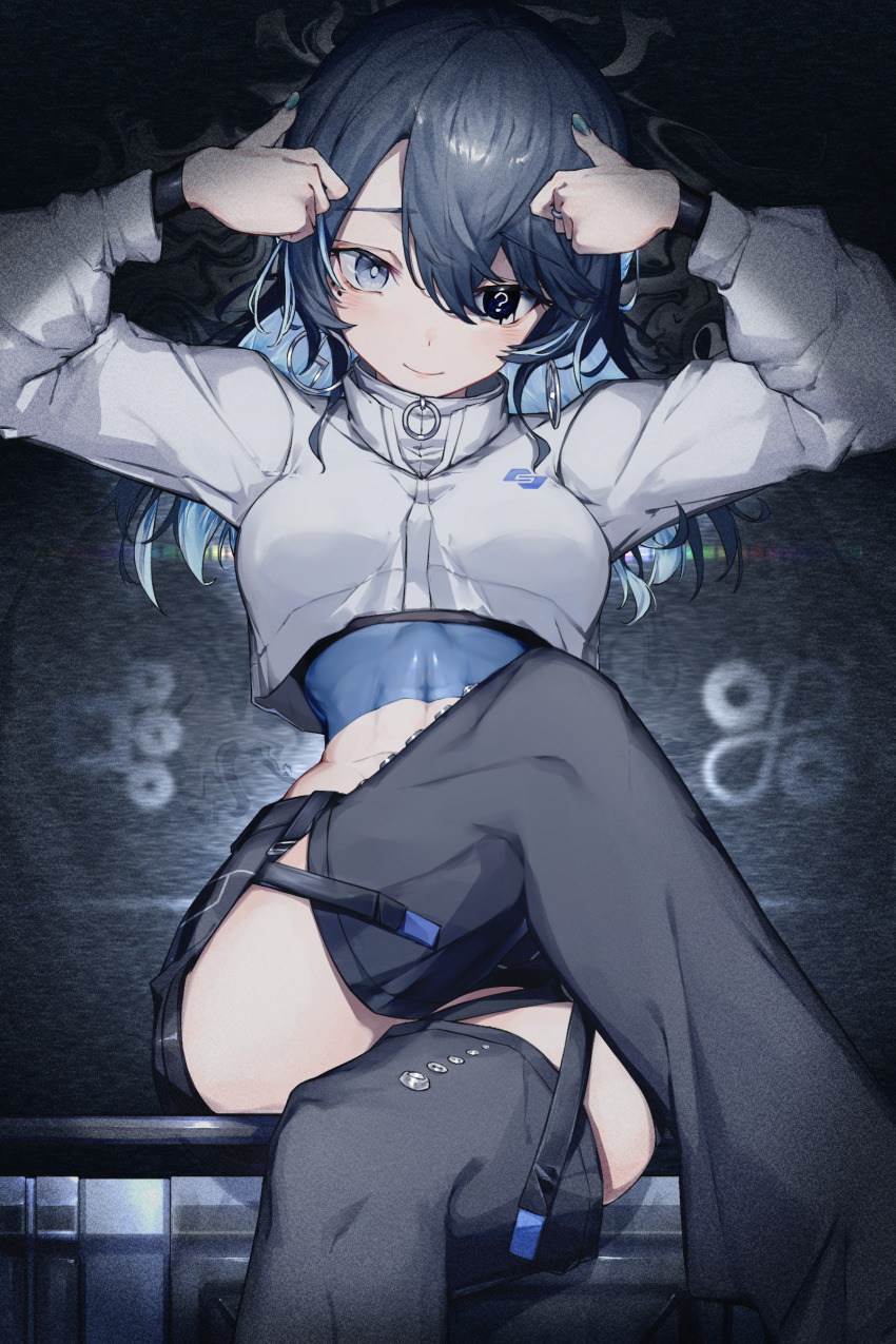 1girl, abs, absurdres, aqua_hair, black_hair, black_shorts, black_thighhighs, blue_eyes