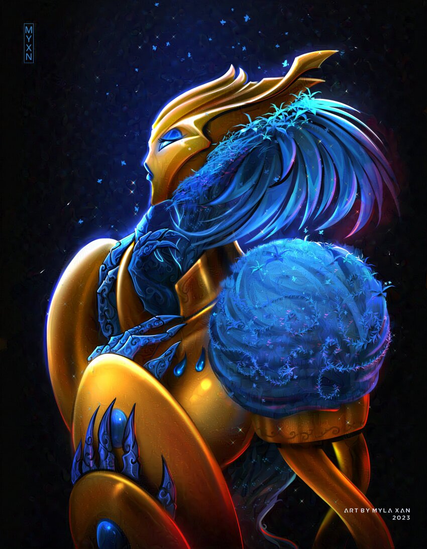 1girl, absurdres, blue_eyes, blue_lips, botanica_(transformers), breasts, english_text, fingernails, glowing, glowing_eyes, highres, humanoid_robot, mecha, mecha_focus, medium_breasts, myla_xan, oversized_forearms, oversized_limbs, robot, robot_girl, sharp_fingernails, solo, star_(sky), transformers