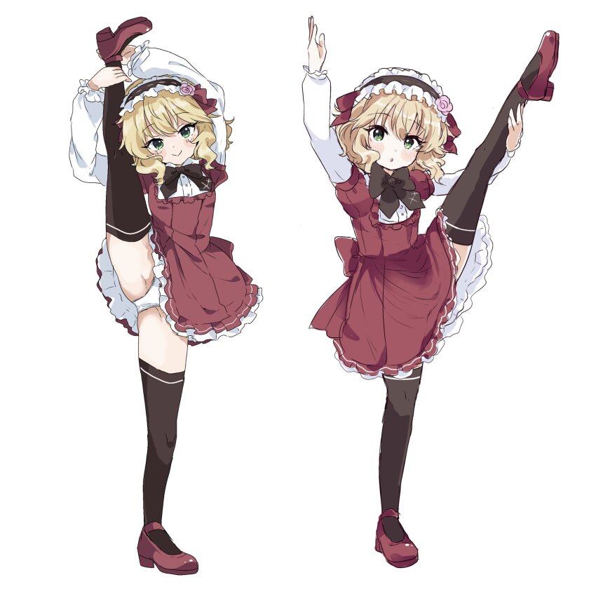 1girl, :o, arms_up, black_bow, black_bowtie, black_thighhighs, blonde_hair, blush, bow, bowtie, dress, frilled_hairband, frills, full_body, hairband, highres, holding_own_leg, idolmaster, idolmaster_cinderella_girls, leg_up, looking_at_viewer, multiple_views, panties, red_dress, red_footwear, remiri_nicoeli, sakurai_momoka, simple_background, smile, split, standing, standing_on_one_leg, standing_split, thighhighs, underwear, white_background, white_panties