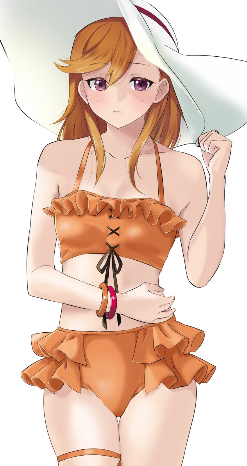 1girl, bikini, breasts, closed_mouth, collarbone, commentary_request, covering_stomach, frilled_bikini