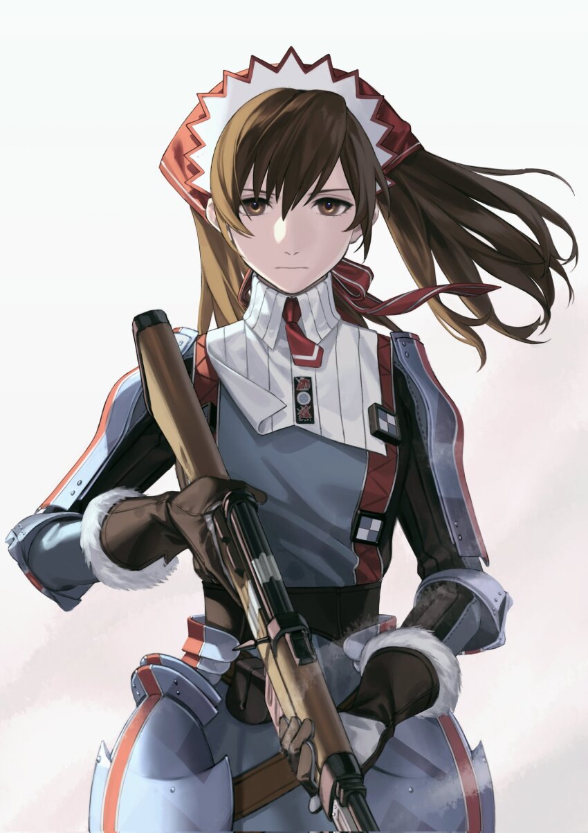 1girl, alicia_melchiott, armor, black_gloves, brown_eyes, corrupted_twitter_file, expressionless, fur-trimmed_gloves