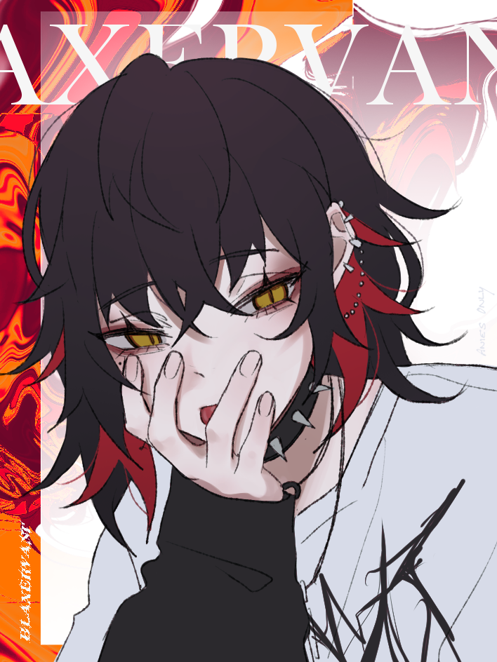 1girl, anies_only, black_hair, black_sleeves, blaxervant, collar, commentary, hitnex, looking_at_viewer, medium_hair, mole, mole_under_eye, multicolored_hair, piercing, portrait, print_shirt, red_hair, shirt, solo, spiked_collar, spikes, tongue, tongue_out, two-tone_hair, upper_body, white_shirt, yellow_eyes