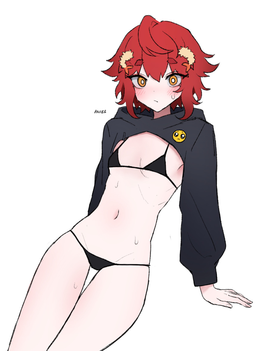 1girl, anies_only, badge, bikini, black_bikini, breasts, bright_pupils, button_badge