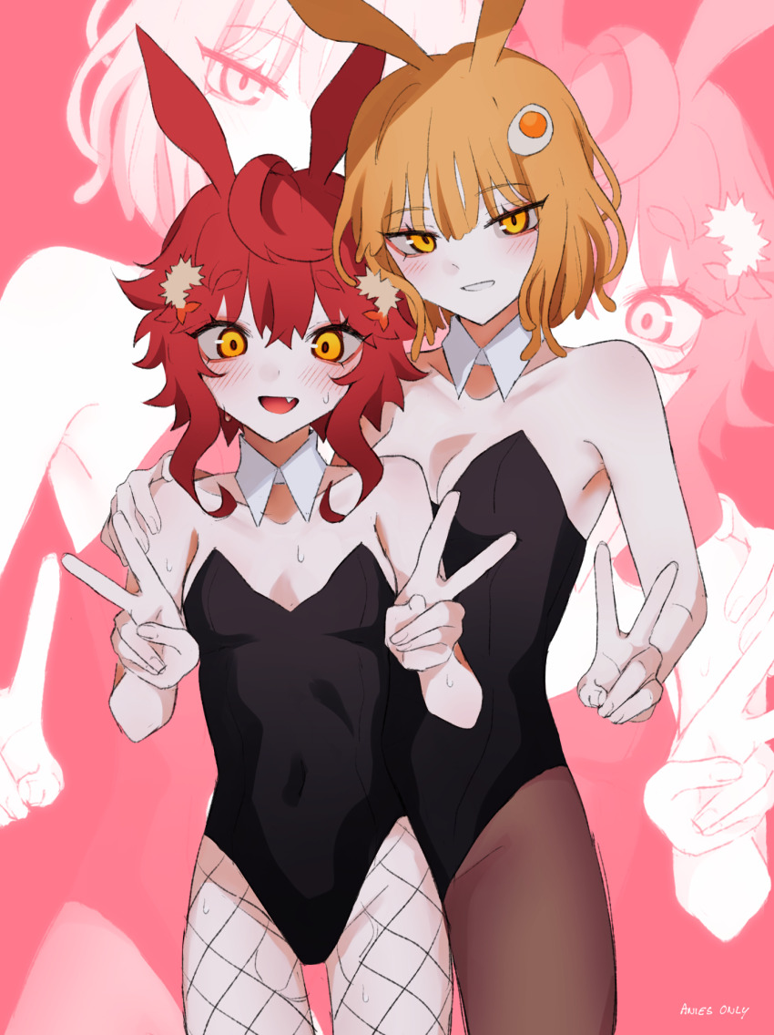 2girls, :d, anies_only, animal_ears, black_leotard, blush, breasts, cowboy_shot