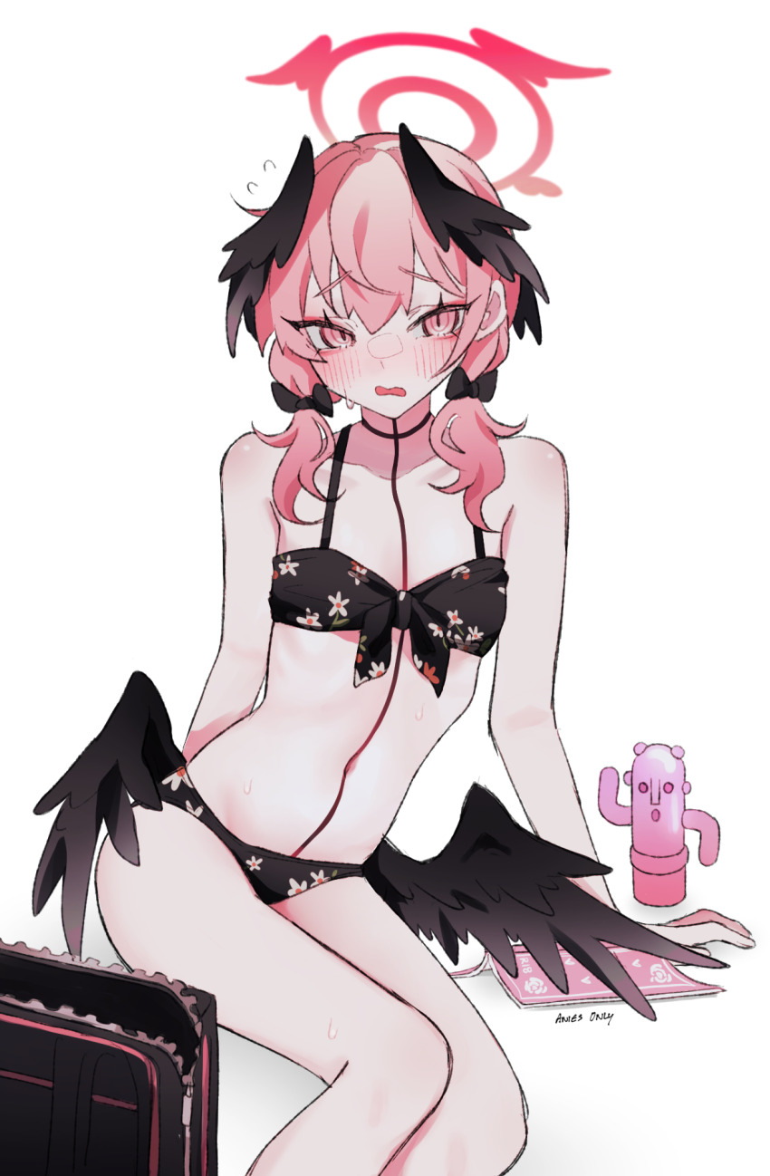 1girl, anies_only, bag, bikini, black_bikini, black_bow, black_wings, blue_archive, blush, bow, breasts, floral_print, flying_sweatdrops, hair_bow, halo, haniwa_(statue), head_wings, highres, koharu_(blue_archive), koharu_(swimsuit)_(blue_archive), looking_at_viewer, low_twintails, low_wings, medium_hair, navel, parted_lips, print_bikini, simple_background, sitting, small_breasts, solo, swimsuit, twintails, white_background, wings