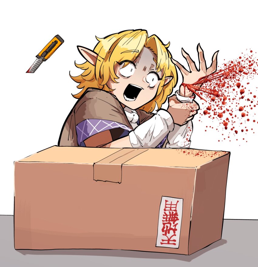 1girl, accident, blonde_hair, blood, blood_spray, box, boxcutter, brown_shirt, cardboard_box, commentary_request, constricted_pupils, cookie_(touhou), cuts, highres, holding, holding_boxcutter, injury, joker_(cookie), masking_tape, medium_hair, mizuhashi_parsee, odoro_(nicoseiga81184094), parted_bangs, pointy_ears, scarf, shirt, solo, touhou, translated, turn_pale, upper_body, white_scarf