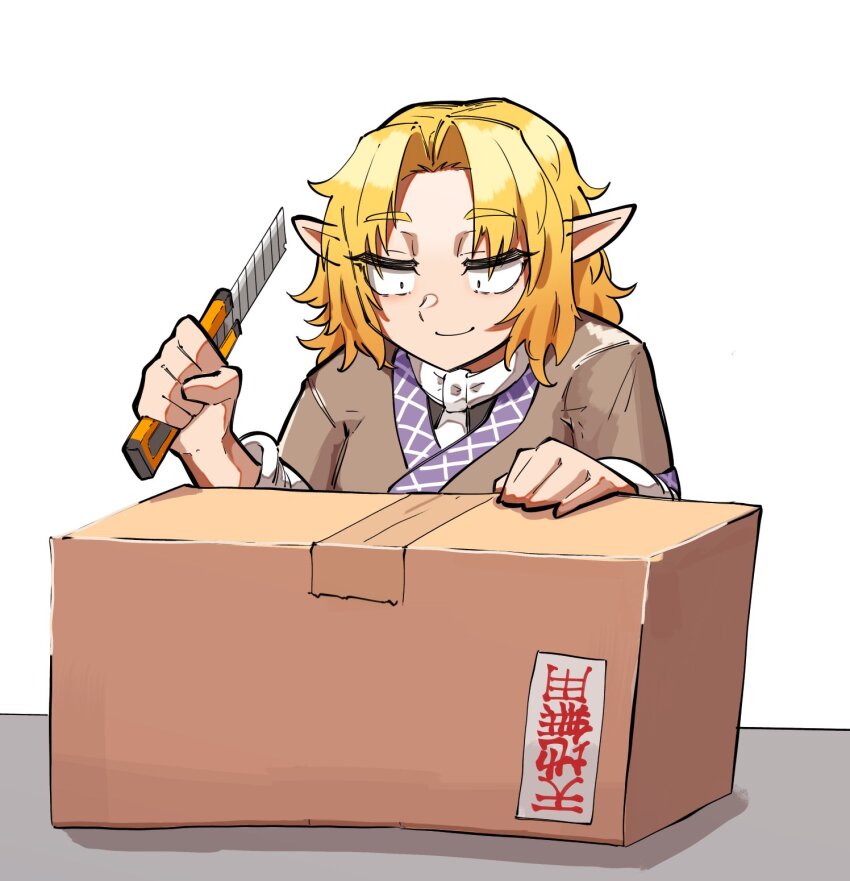 1girl, blonde_hair, box, boxcutter, brown_shirt, cardboard_box, closed_mouth, commentary_request