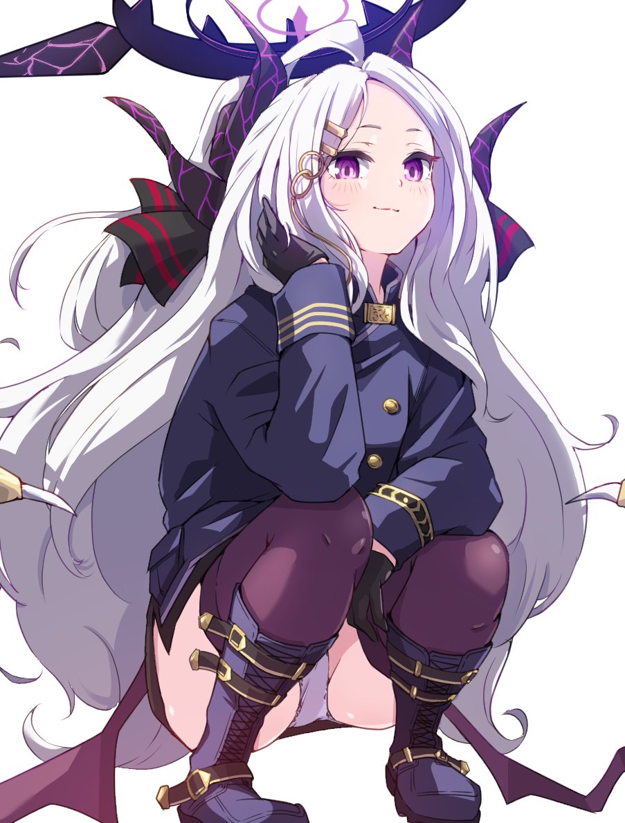 1girl, ahoge, arm_support, black_boots, black_gloves, black_skirt, black_thighhighs, blue_archive