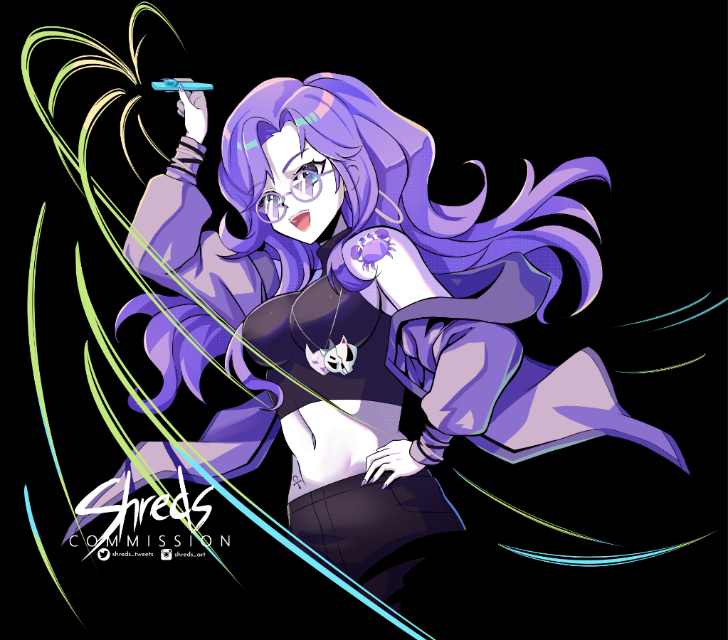 1girl, ankh, ankh_tattoo, black_pants, black_shirt, blue_eyes, breasts, commission