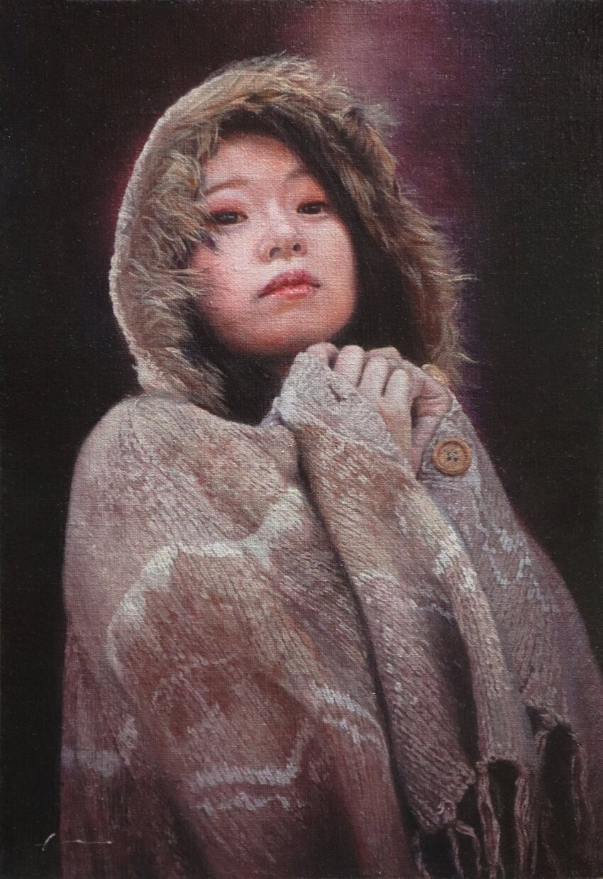 1girl, absurdres, black_background, blanket, buttons, east_asian, fur_trim, highres, hood, looking_at_viewer, naohiro_ito, oil_painting_(medium), original, painting_(medium), realistic, solo, traditional_media