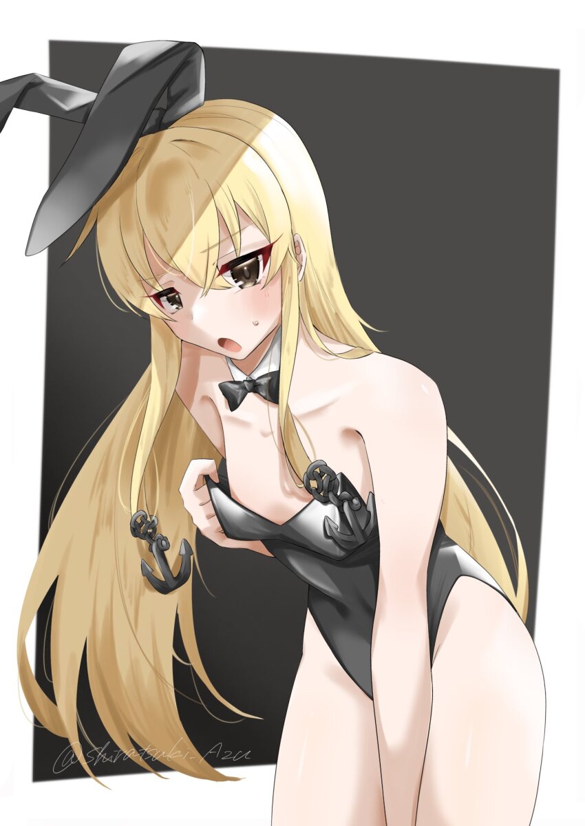 1girl, alternate_costume, anchor_hair_ornament, animal_ears, black_background, black_bow, black_bowtie, black_leotard