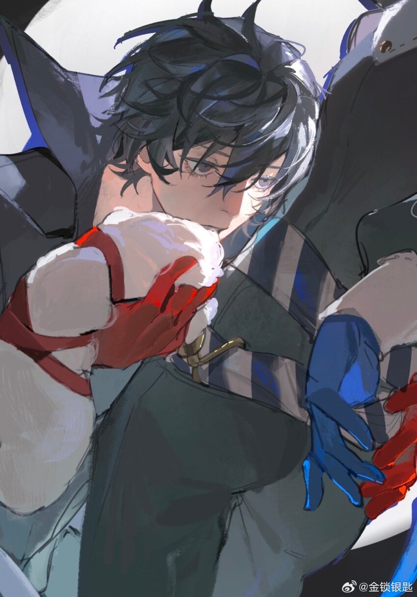 2boys, amamiya_ren, ass, belt, black_hair, black_jacket, black_pants, black_sleeves, blue_belt, blue_gloves, blue_hair, collared_jacket, eyelashes, fox_(persona_5), gloves, grey_eyes, gslkey, hand_on_another's_hip, high_collar, highres, holding, jacket, kitagawa_yuusuke, long_sleeves, male_focus, messy_hair, multiple_boys, pants, parted_lips, persona, persona_5, red_gloves, short_hair, striped_belt, two-tone_belt, upper_body, watermark, weibo_watermark, white_background, white_belt, yaoi