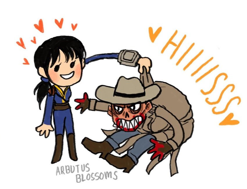 1boy, 1girl, arbutusblossoms, artist_name, blue_jumpsuit, blue_pants, brown_coat, brown_hat, coat, the_ghoul_(fallout_tv_series), cowboy_hat, fallout_(prime_video), fallout, ghoul, grin, hat, heart, jumpsuit, lucy_maclean, pants, smile, teeth, vault_suit