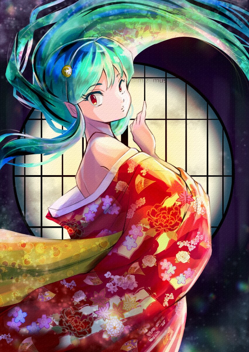 1girl, aqua_hair, artist_name, bare_shoulders, cone_horns, floral_print, floral_print_kimono, from_side