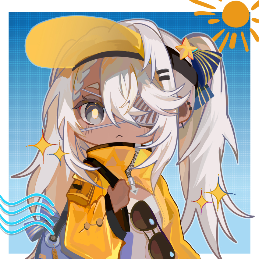 1girl, :<, absurdres, aviator_sunglasses, commentary_request, dark-skinned_female, dark_skin, eyepatch