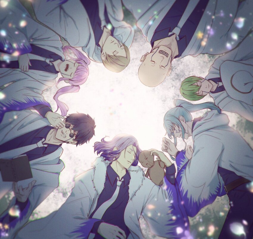 1girl, 6+boys, abel_walker, abyss_razor, anser_shinri, bald, black_hair, black_shirt