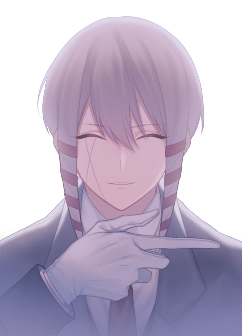 1boy, closed_eyes, collared_shirt, facial_mark, formal_clothes, gloves, hidari1996, highres