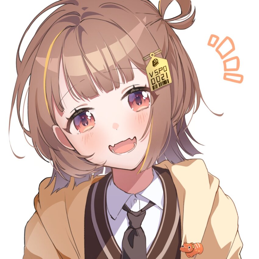 1girl, black_necktie, black_vest, blonde_hair, blush, brown_hair, brown_jacket, collared_shirt