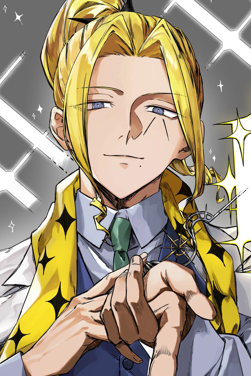 1boy, blonde_hair, blue_eyes, blue_vest, collared_shirt, formal_clothes, green_necktie, highres