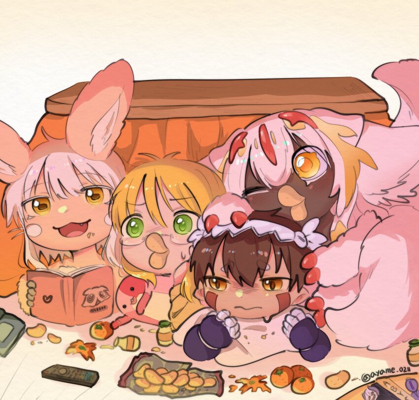 1boy, 1other, 2girls, :3, :|, ;), animal_ear_fluff, animal_ears, artist_name, ayame_0211, blonde_hair, body_fur, bondrewd, book, brown_fur, brown_hair, chibi, child, chips_(food), claws, closed_mouth, colored_eyelashes, controller, dark-skinned_female, dark_skin, extra_arms, eyelashes, facial_mark, facial_tattoo, fang, faputa, fluff, fluffy, fluffy_hair, food, fruit, furry, glasses, green_eyes, hair_between_eyes, hairband, happy, highres, holding, holding_stuffed_toy, horizontal_pupils, light_blush, long_hair, looking_at_another, looking_at_object, lying, maaa, made_in_abyss, mechanical_arms, mechanical_hands, medium_hair, metal_hairband, multiple_girls, multiple_tails, nanachi_(made_in_abyss), on_floor, on_stomach, one_eye_closed, open_mouth, orange_(fruit), ozen, playing_with_food, pointy_ears, potato_chips, rabbit_ears, reading, red_claws, reg_(made_in_abyss), remote_control, riko_(made_in_abyss), robot, semi-rimless_eyewear, sharp_teeth, simple_background, slit_pupils, smile, spilling, stuffed_toy, table, tail, tattoo, teeth, topless_male, under-rim_eyewear, upper_body, upper_teeth_only, v-shaped_eyebrows, whiskers, white_background, white_fur, white_hair, wooden_table, yellow_eyes