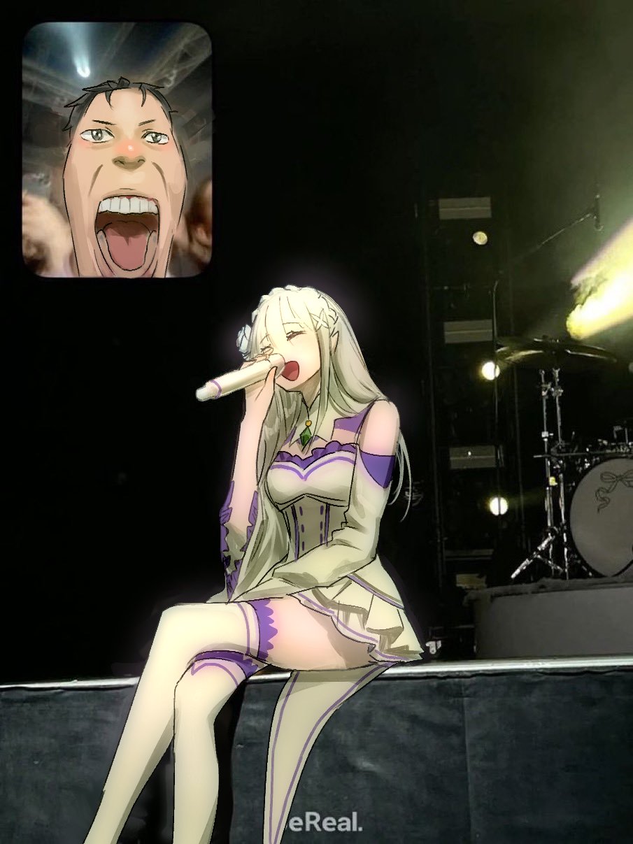 1boy, 1girl, black_hair, braid, commentary, crown_braid, drum, drum_set, emilia_(re:zero), fan_screaming_at_madison_beer_(meme), flower, gem, green_gem, hair_flower, hair_ornament, highres, holding, holding_microphone, inset, instrument, jewelry, kulame, long_hair, microphone, music, natsuki_subaru, pendant, photo-referenced, photo_background, pointy_ears, purple_ribbon, re:zero_kara_hajimeru_isekai_seikatsu, ribbon, screaming, selfie, short_hair, singing, sitting, stage, stage_lights, thighhighs, white_flower, white_hair, white_thighhighs, x_hair_ornament