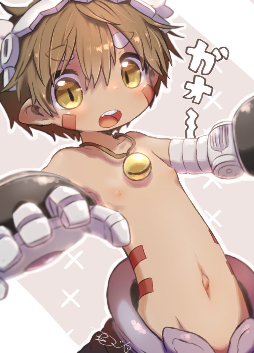 1boy, android, bandam, bell, brown_eyes, brown_hair, cape, collarbone