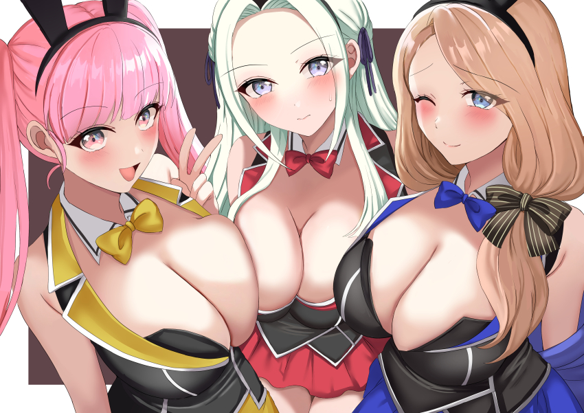 3girls, absurdres, alternate_breast_size, animal_ears, asymmetrical_docking, black_hairband, blonde_hair, blue_bow, blue_bowtie, blue_eyes, bow, bowtie, breast_press, breasts, bunny_garden, cleavage, closed_mouth, commentary_request, cosplay, edelgard_von_hresvelg, fake_animal_ears, fire_emblem, fire_emblem:_three_houses, hair_bow, hairband, highres, hilda_valentine_goneril, kana_(bunny_garden), kana_(bunny_garden)_(cosplay), large_breasts, long_hair, looking_at_viewer, low-tied_long_hair, mercedes_von_martritz, miuka_(bunny_garden), miuka_(bunny_garden)_(cosplay), multiple_girls, nintendo, one_eye_closed, open_mouth, pink_bow, pink_bowtie, pink_eyes, pink_hair, playboy_bunny, purple_eyes, rabbit_ears, red_bow, red_bowtie, rin_(bunny_garden), rin_(bunny_garden)_(cosplay), smile, tara_(szzj7733), v, white_hair