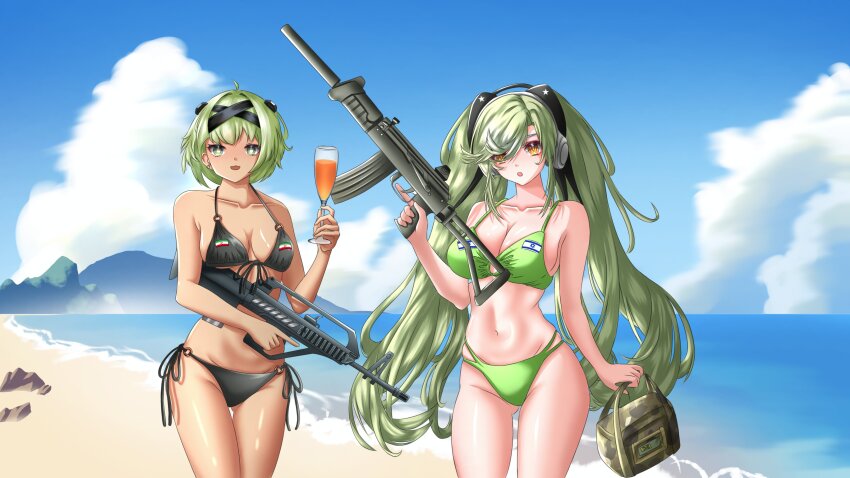 2girls, absurdres, ahomushi994, assault_rifle, bag, battlefield_(series), battlefield_3, beach