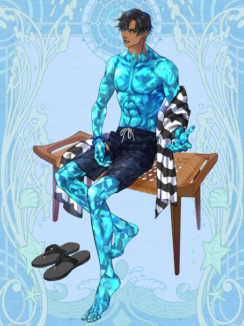 1boy, abs, barefoot, black_hair, blue_background, blue_eyes, blue_skin, colored_skin