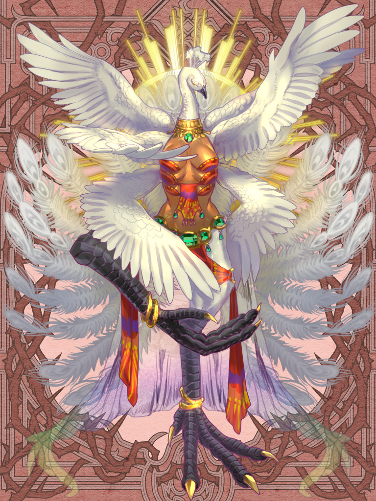anklet, armor, bird, breastplate, brown_background, closed_eyes, dairoku_ryouhei, facing_viewer, full_body, jewelry, multiple_wings, peacock_feathers, solo, standing, standing_on_one_leg, white_wings, wings, yuga_sgt