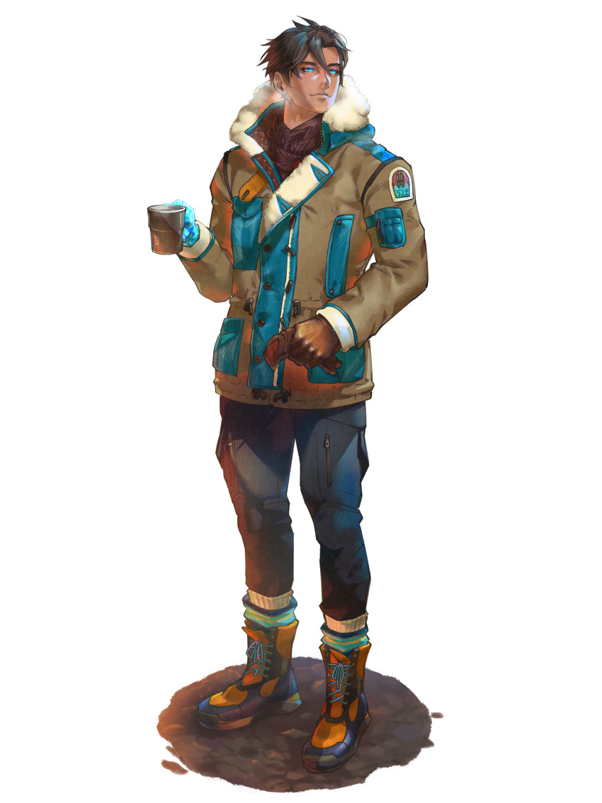 1boy, black_pants, blue_eyes, boots, brown_coat, brown_gloves, coat, cup