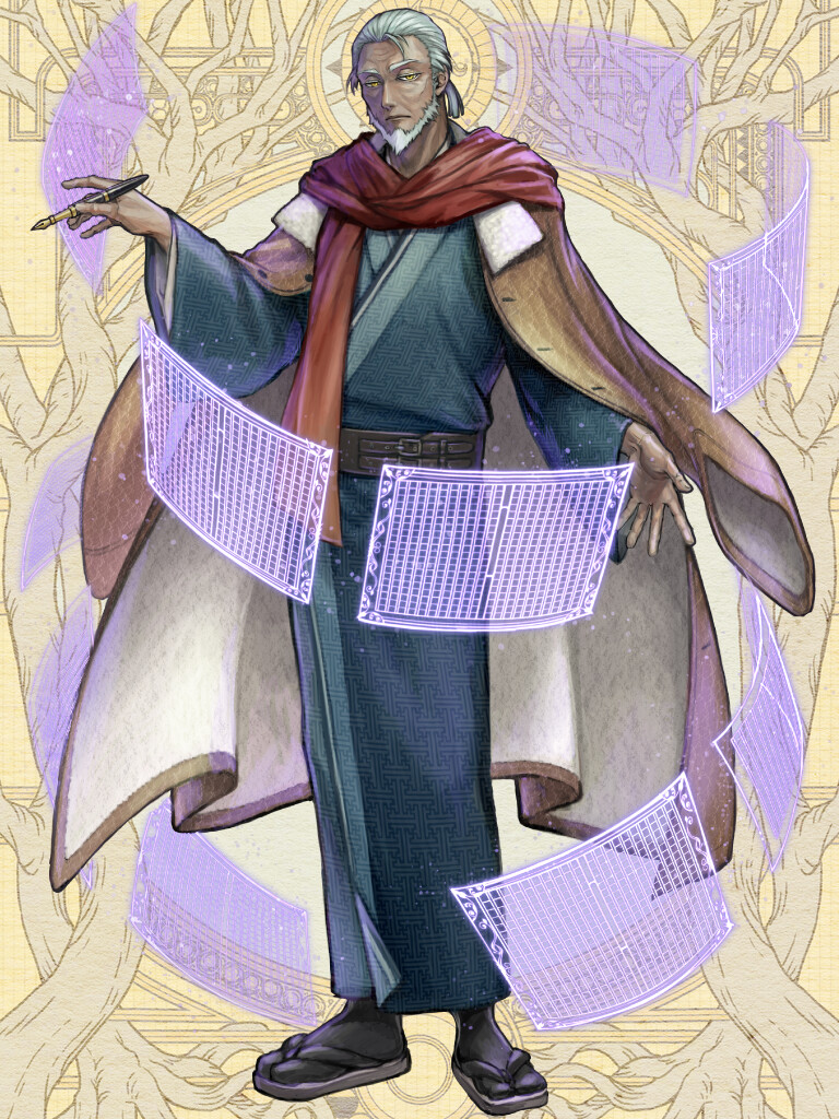 1boy, beard, belt, black_socks, blue_kimono, brown_coat, coat, coat_on_shoulders