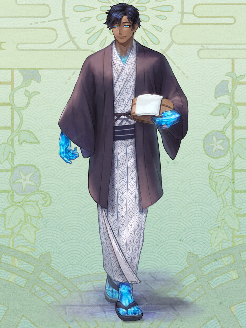 1boy, black_hair, blue_eyes, blue_skin, bucket, colored_skin, dairoku_ryouhei, dark-skinned_male