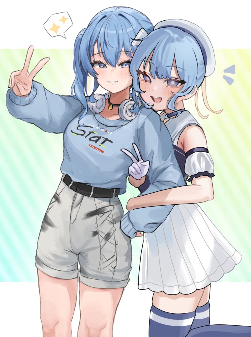 2girls, arm_hug, bare_shoulders, belt, beret, black_belt, black_choker, blue_choker