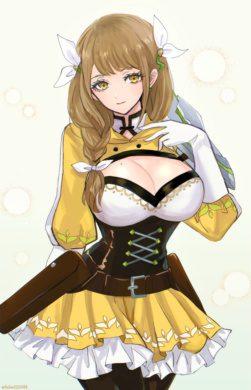 1girl, absurdres, artist_name, belt, black_pantyhose, breasts, brown_belt, brown_hair