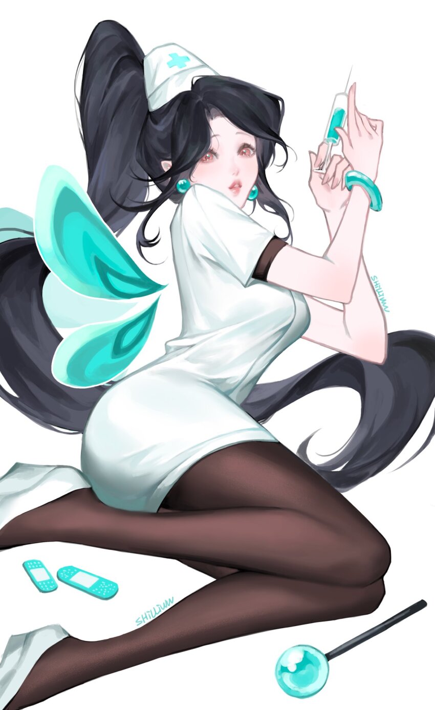 1girl, alternate_costume, bandaid, black_hair, black_pantyhose, brown_eyes, candy, commentary