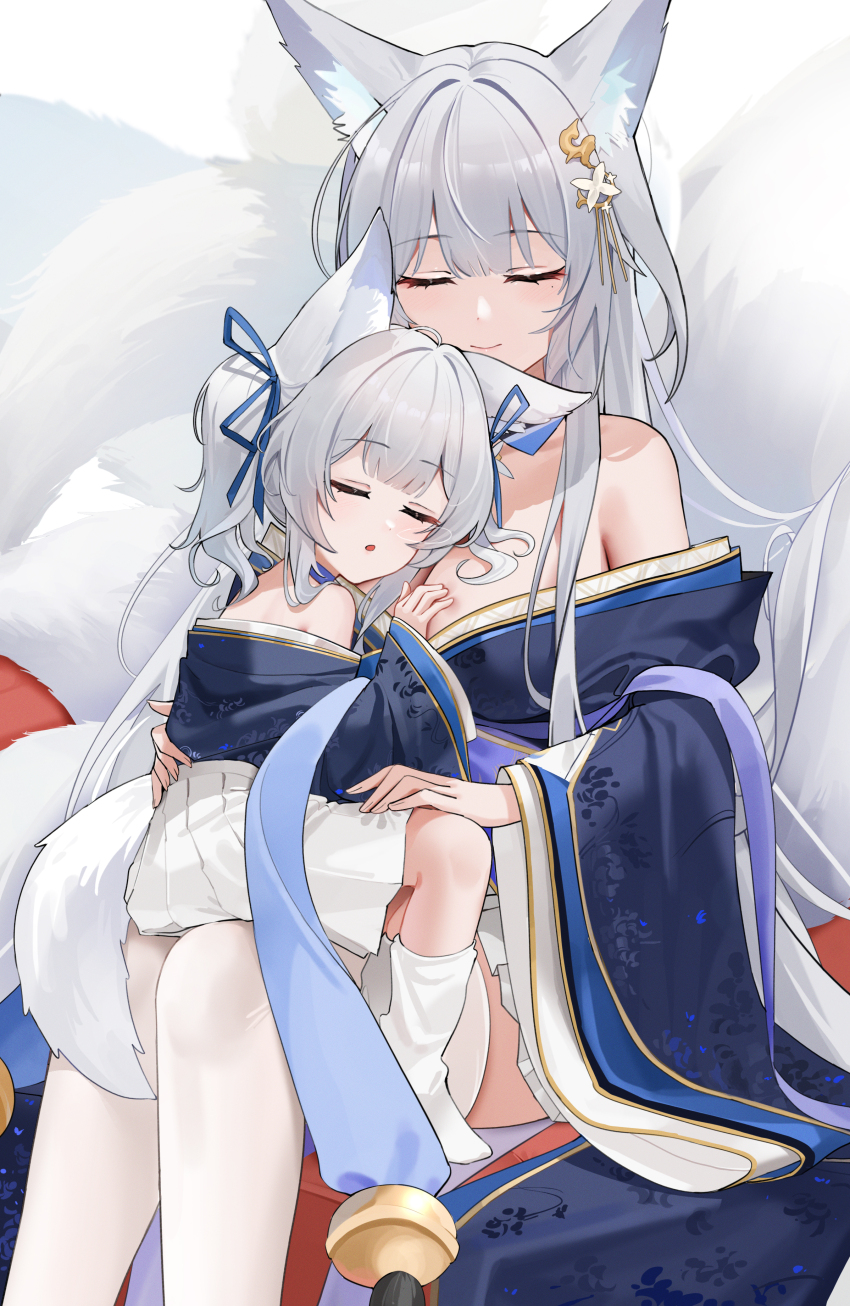 2girls, absurdres, animal_ear_fluff, animal_ears, azur_lane, bare_shoulders, blue_kimono, blue_ribbon, breasts, cleavage, closed_eyes, facing_viewer, feet_out_of_frame, fingernails, fox_ears, fox_girl, fox_tail, grey_hair, hair_ornament, hair_ribbon, hand_on_another's_back, hand_on_another's_chest, highres, japanese_clothes, kimono, large_breasts, long_hair, mole, mole_under_eye, multiple_girls, multiple_tails, off_shoulder, qing_wu, ribbon, shinano-chan_(azur_lane), shinano_(azur_lane), sitting, sitting_on_lap, sitting_on_person, skirt, sleeping, smile, socks, tail, thighhighs, twintails, white_skirt, white_socks, white_thighhighs, wide_sleeves