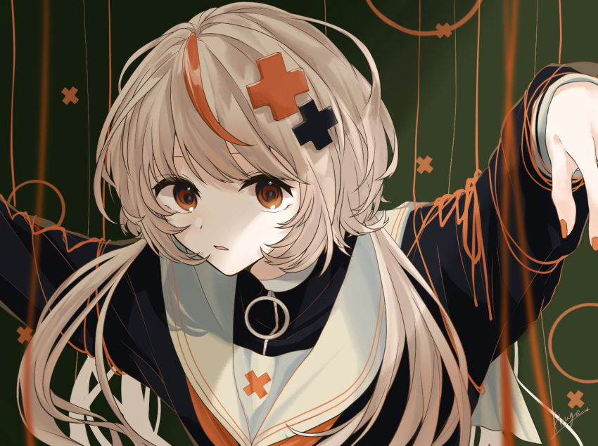 1girl, arms_up, artist_name, black_serafuku, bound, brown_eyes, collar, commentary_request