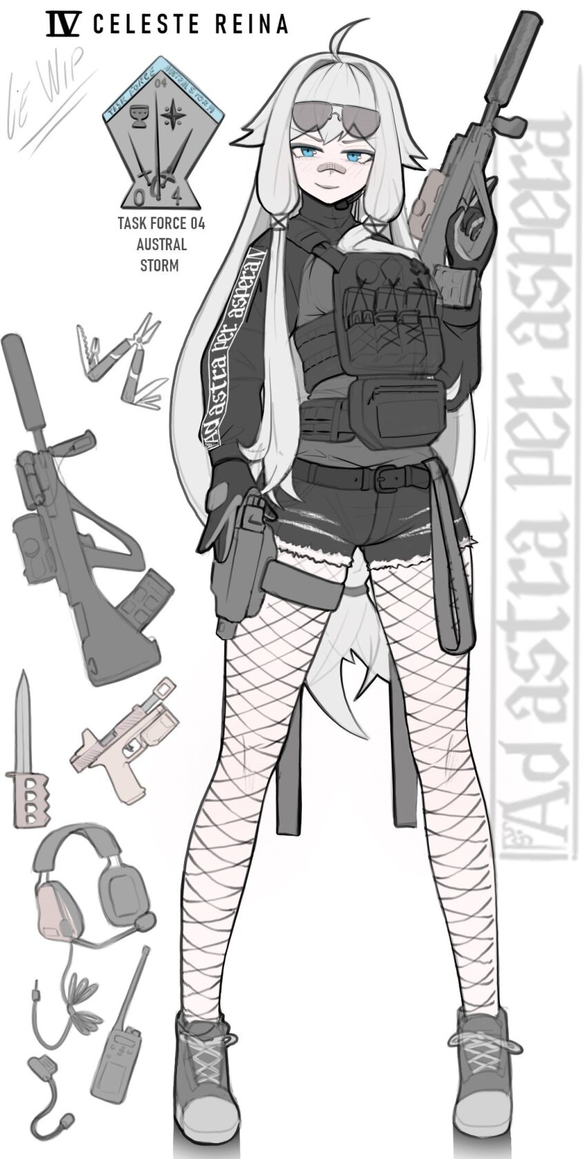 ahoge, ammunition_pouch, assault_rifle, bandaid, bandaid_on_face, bandaid_on_nose, belt, black_gloves