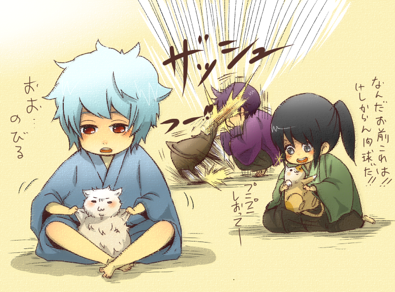 3boys, cat, chibi, gintama, japanese_clothes, joui, katsura_kotaro, katsura_kotarou