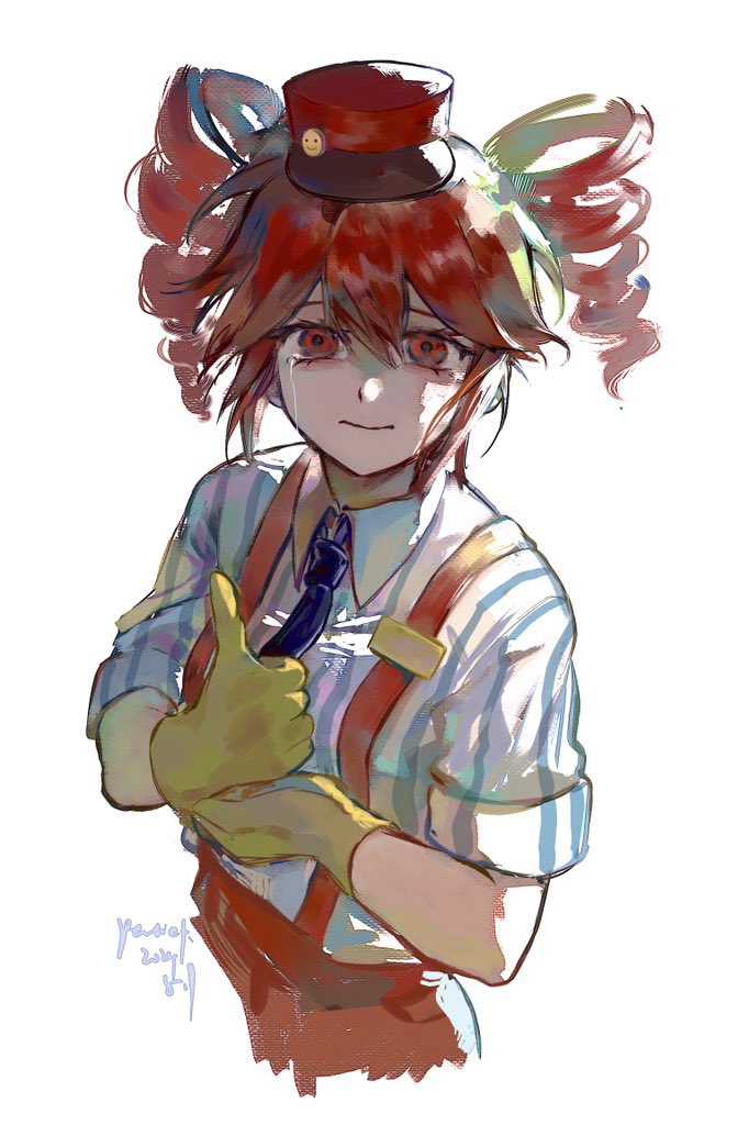 1girl, bikini, black_necktie, closed_mouth, commentary_request, crying, drill_hair, gloves, kasane_teto, looking_at_viewer, mesmerizer_(vocaloid), morse_code_commentary, necktie, patient51311752, red_eyes, red_hair, sign_language, solo, striped_bikini, striped_clothes, swimsuit, twin_drills, upper_body, utau, yellow_gloves