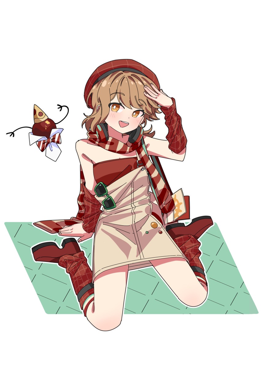 1girl, :d, absurdres, apple, apple_(reverse:1999), arm_support, arm_warmers, bare_shoulders, beret, bow, bowtie, bright_pupils, brown_hair, diagonal-striped_bow, diagonal-striped_bowtie, diagonal-striped_clothes, dress, eyewear_hang, food, fruit, full_body, green_background, hand_on_own_head, hat, headphones, headphones_around_neck, high_heels, highres, kneehighs, loose_socks, official_alternate_costume, open_mouth, orange_eyes, party_hat, red_arm_warmers, red_bow, red_bowtie, red_footwear, red_hat, red_scarf, red_shirt, red_socks, regulus_(pizza_hut)_(reverse:1999), regulus_(reverse:1999), reverse:1999, sanjuqing'an, scarf, shirt, short_hair, sitting, sleeveless, sleeveless_dress, smile, socks, solo, strapless, strapless_shirt, striped_bow, striped_bowtie, striped_clothes, striped_scarf, sunglasses, traditional_bowtie, two-tone_background, unworn_eyewear, wariza, white_background, white_bow, white_bowtie, white_pupils, yellow_hat, yellow_scarf